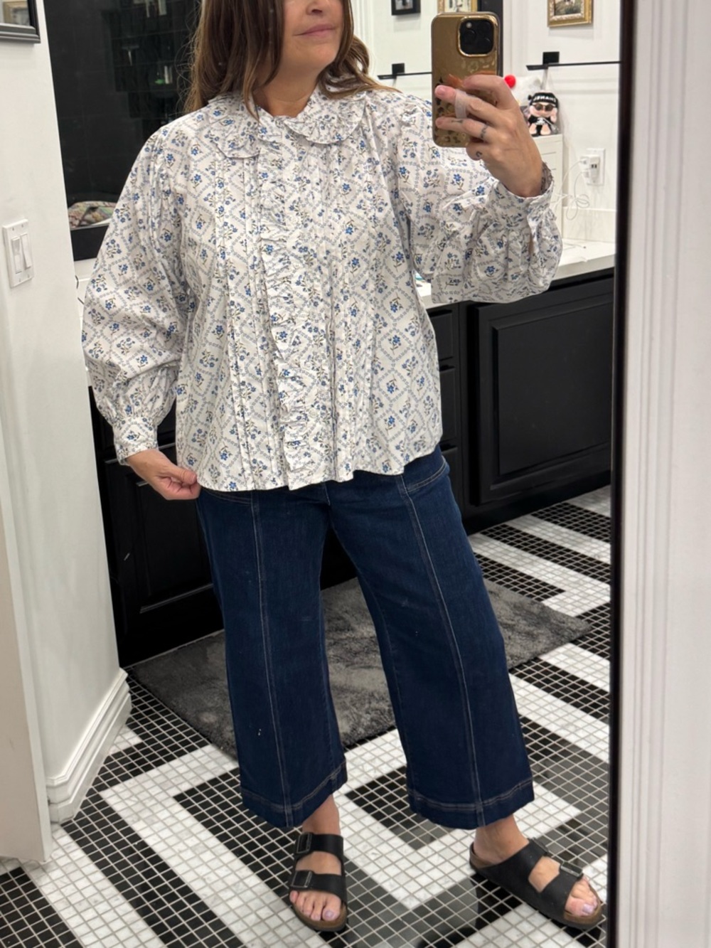 Karlie White Ruffle Top with Blue Floral Print